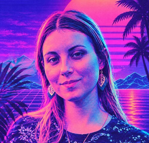 Portrait of Sierra in vaporwave style, with a striped sunset, palm trees and a neon grid behind her