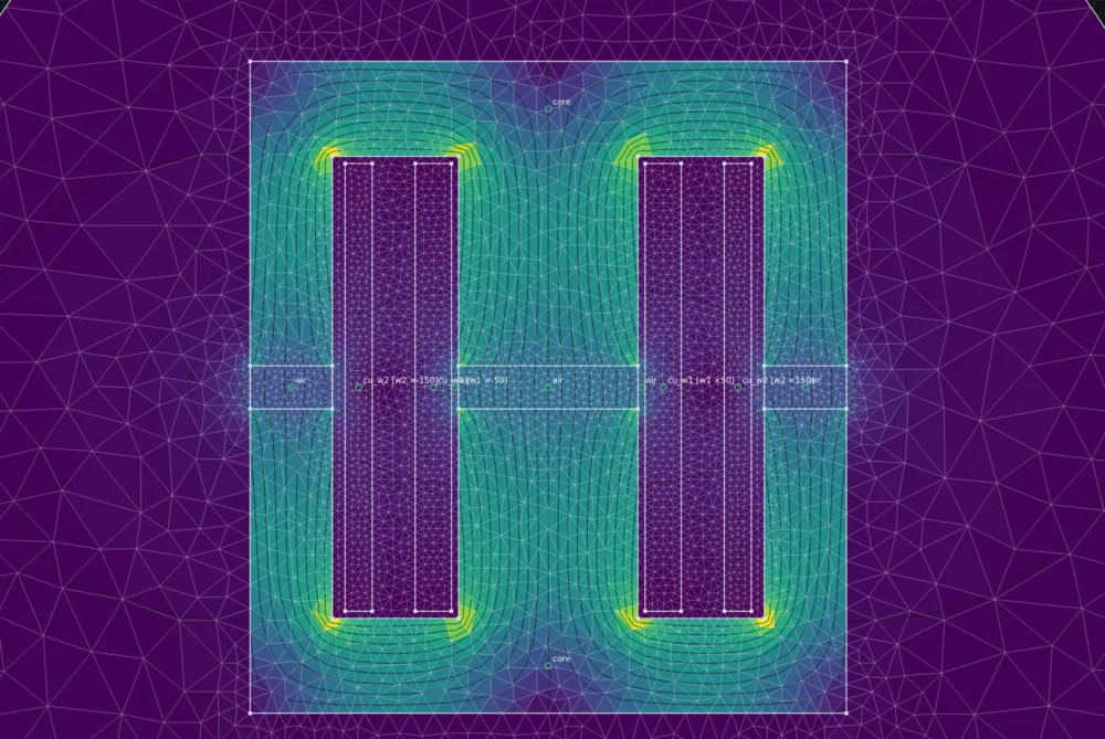WebMagSim flux plot of a transformer core and windings over its triangular mesh